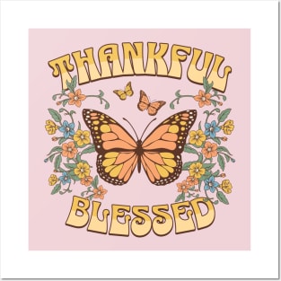 Thankful Blessed Pastel Butterfly Floral Retro Design Posters and Art